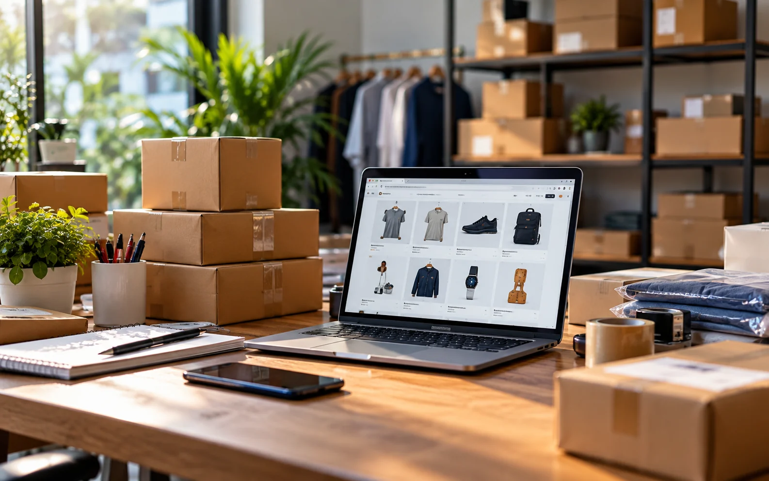 E-commerce packing, catalogue and order operations workspace